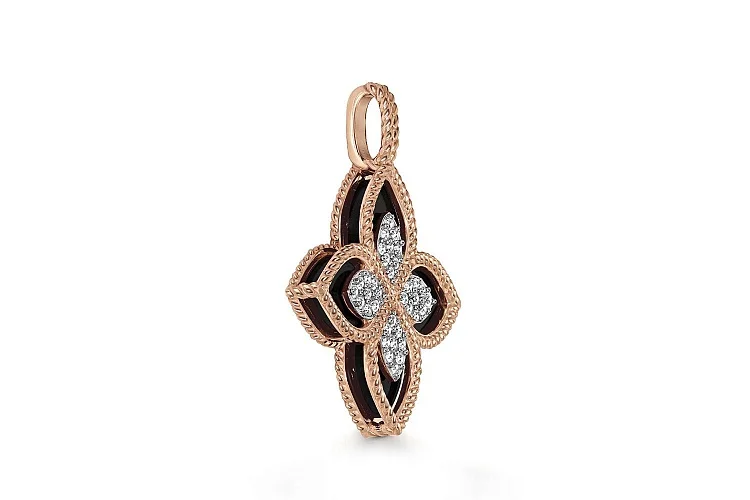 Подвеска Клевер из красного золота с ониксом и 36 фианитами