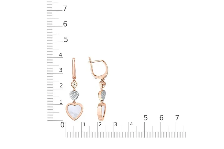 Серьги Сердца из красного золота с перламутром и 38 фианитами