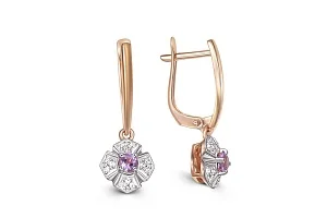 Серьги Цветы из красного золота с 2 аметистами и 24 фианитами