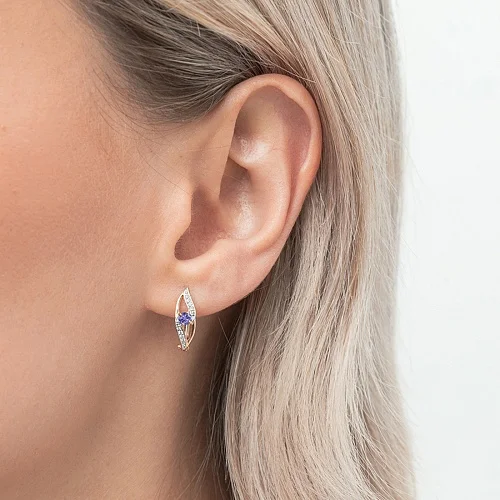 Серьги из красного золота с 2 танзанитами и 16 фианитами