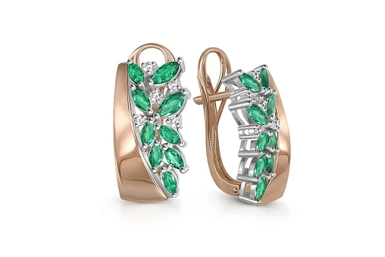 Серьги из красного золота с 18 изумрудами и 10 бриллиантами