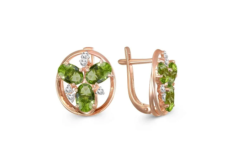 Серьги из красного золота с 6 хризолитами и 10 фианитами