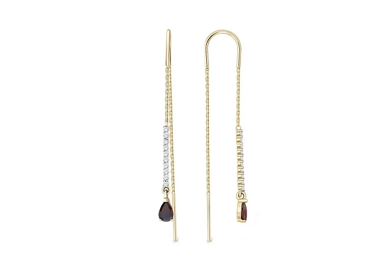 Серьги-продёвки Дорожки из жёлтого золота с 2 гранатами и 20 фианитами