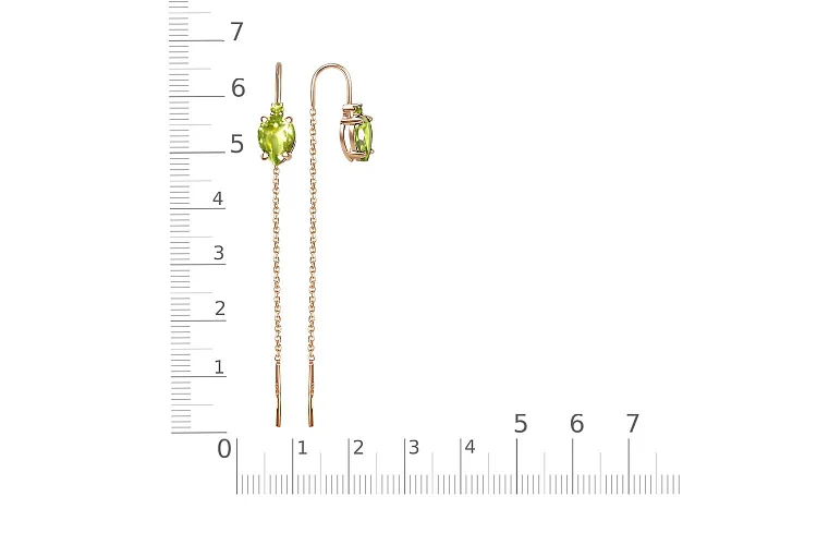 Серьги-продёвки из красного золота с 4 хризолитами