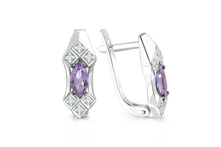 Серьги из белого золота с 2 аметистами и 12 фианитами