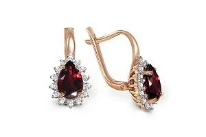 Серьги из красного золота с 2 гранатами и 28 фианитами