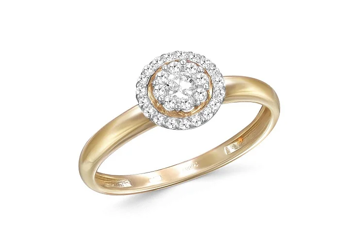 Кольцо Малинка из жёлтого золота с 28 фианитами