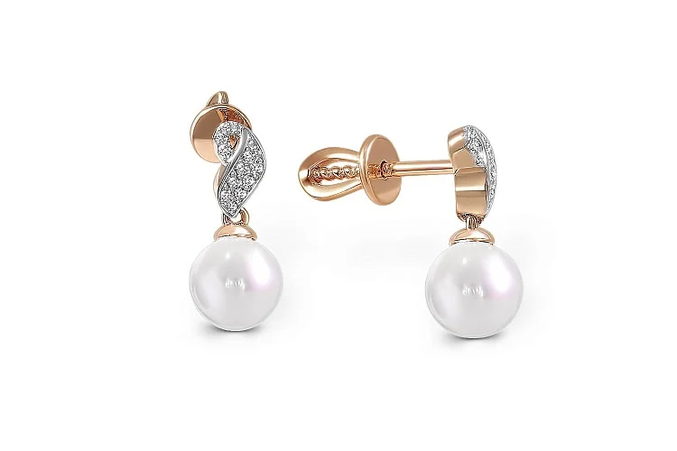 Серьги-пусеты из красного золота с 2 жемчужинами и 22 фианитами