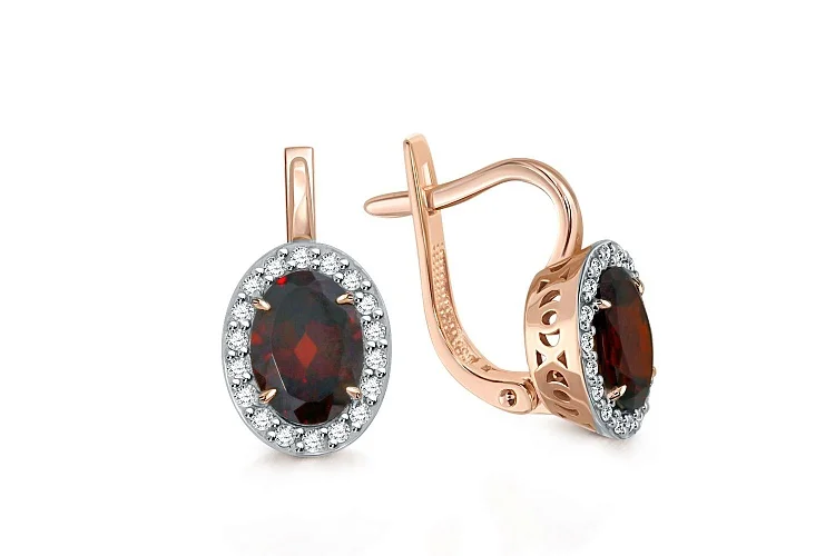 Серьги из красного золота с 2 гранатами и 36 фианитами