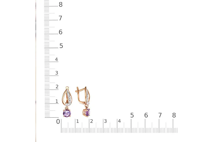 Серьги из красного золота с 2 аметистами и 6 фианитами