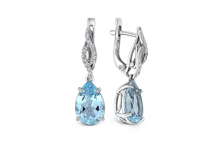 Серьги из белого золота с 2 топазами sky и 24 фианитами