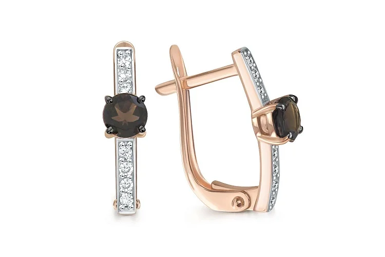 Серьги из красного золота с 2 раухтопазами и 14 фианитами