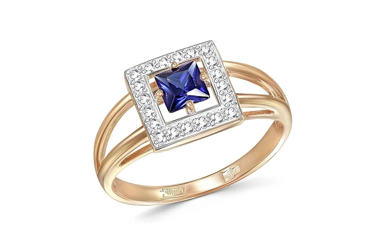 Кольцо из красного золота с кварцем и 20 фианитами