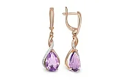 Серьги из красного золота с 2 аметистами и 24 фианитами