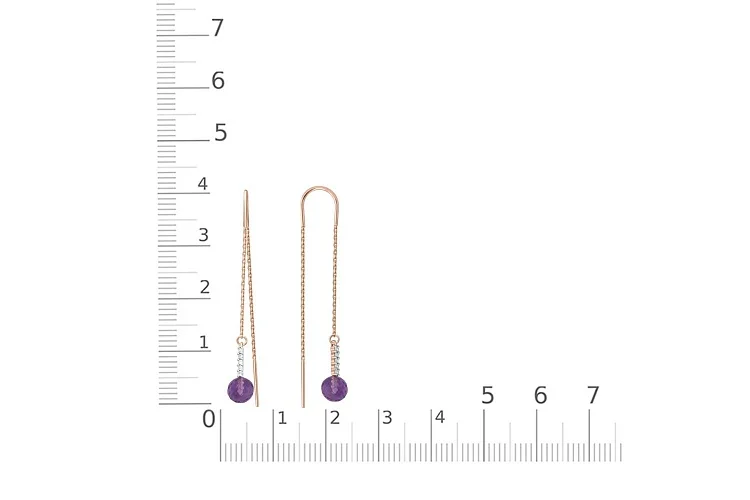 Серьги-продёвки из красного золота с 2 аметистами и 10 фианитами