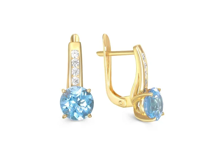 Серьги из жёлтого золота с 2 топазами sky и 8 фианитами