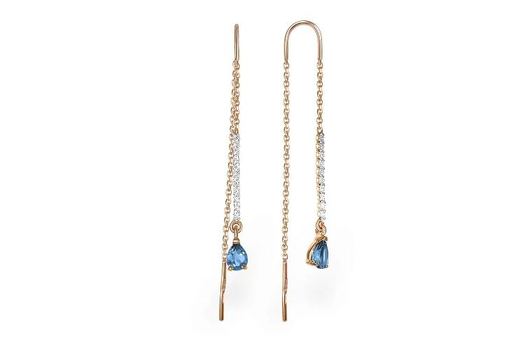 Серьги-продёвки Дорожки из красного золота с 2 топазами лондон и 20 фианитами