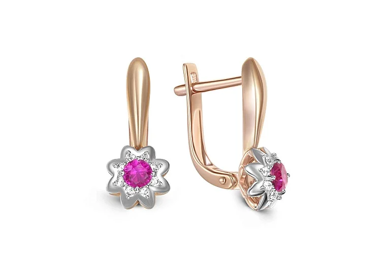 Серьги Цветы из красного золота с 2 корундами и 16 бриллиантами