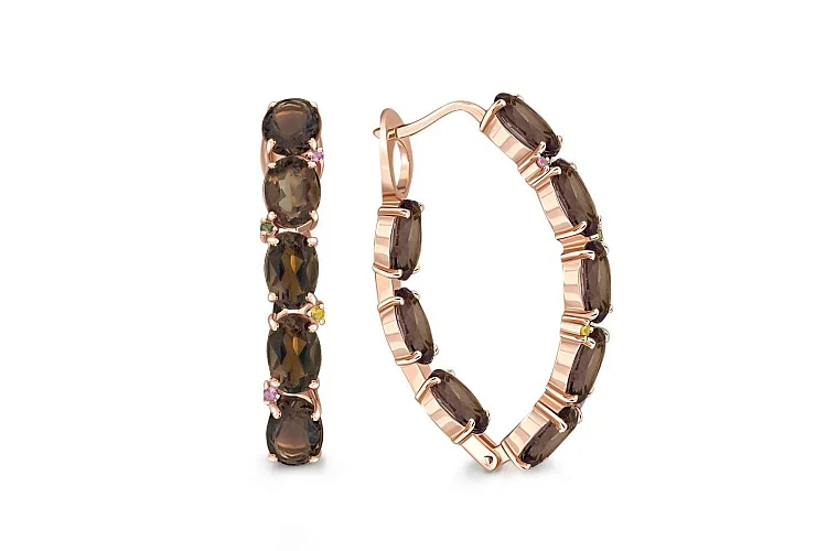 Серьги из красного золота с 16 раухтопазами и 8 турмалинами