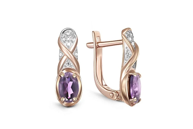 Серьги из красного золота с 2 аметистами и 14 фианитами