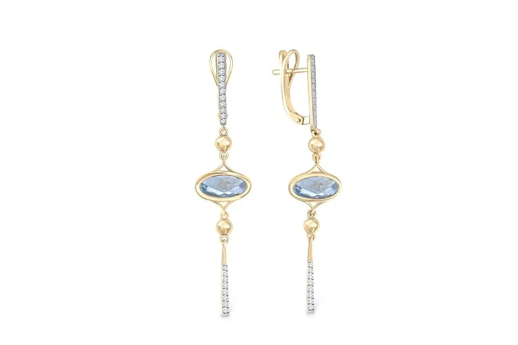 Серьги из жёлтого золота с 2 топазами sky и 38 фианитами