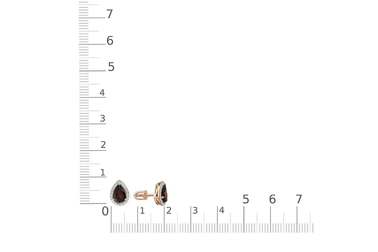 Серьги-пусеты из красного золота с 2 гранатами и 46 фианитами