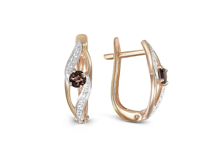 Серьги из красного золота с 2 раухтопазами и 16 фианитами