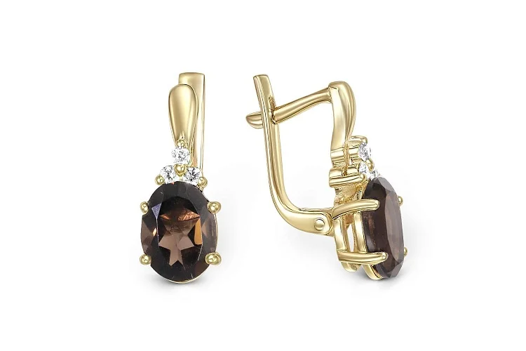 Серьги из жёлтого золота с 2 раухтопазами и 6 фианитами