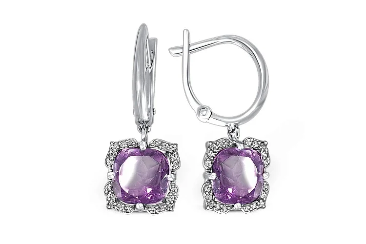 Серьги из белого золота с 2 аметистами и 40 фианитами
