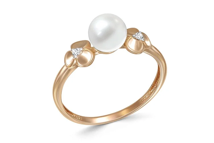 Кольцо Цветок из красного золота с жемчугом и 2 фианитами