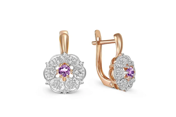 Серьги Цветы из красного золота с 2 аметистами и 48 фианитами