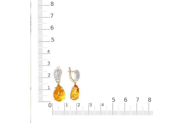 Серьги из жёлтого золота с янтарём и 38 фианитами