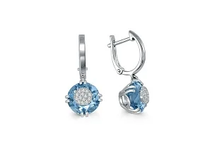 Серьги из белого золота с 2 топазами swiss и 28 бриллиантами