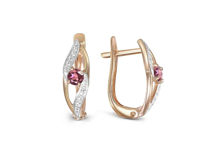 Серьги из красного золота с 2 родолитами и 16 фианитами