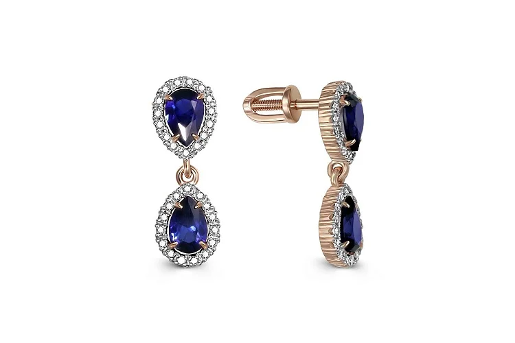 Серьги-пусеты из красного золота с 4 корундами и 60 бриллиантами