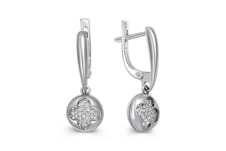 Серьги Клевер из белого золота с 80 фианитами