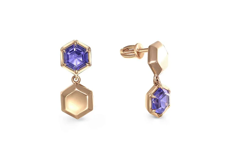 Серьги-пусеты из красного золота с 2 ситаллами