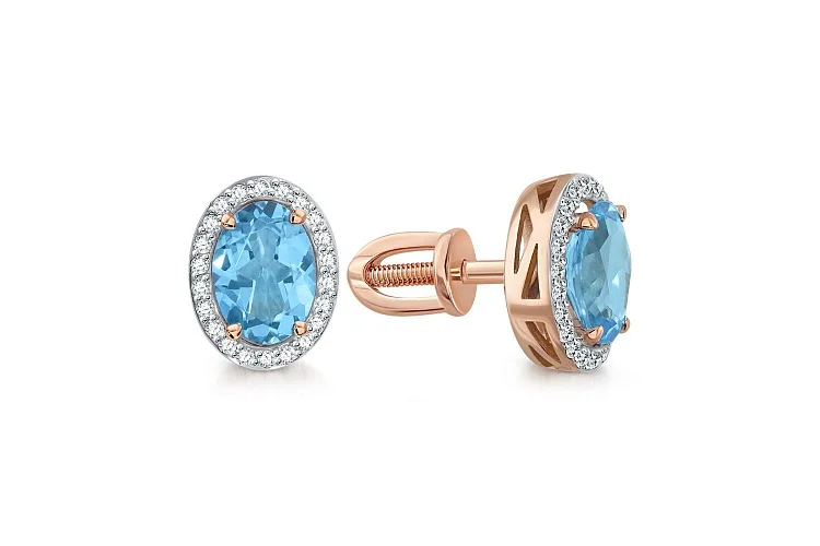 Серьги-пусеты из красного золота с 2 топазами swiss и 44 фианитами