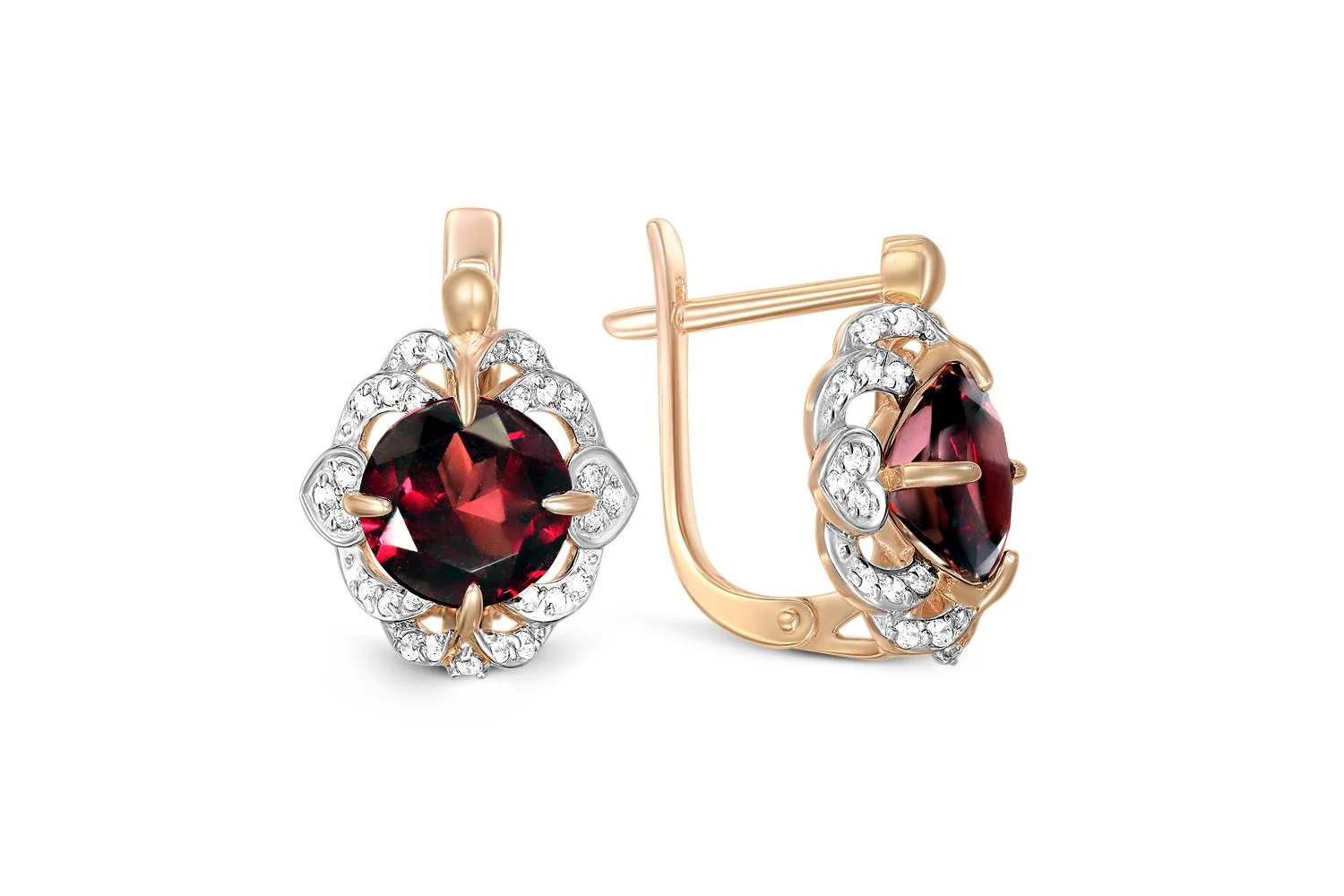 Серьги из красного золота с 2 гранатами и 52 фианитами