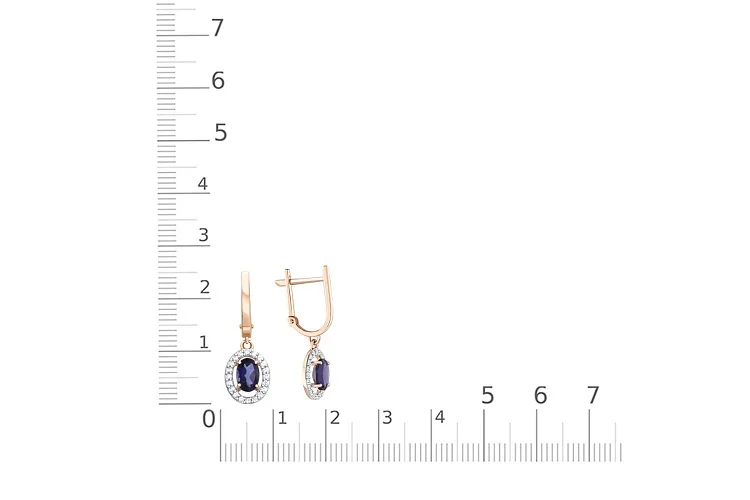 Серьги из красного золота с 2 иолитами и 40 фианитами