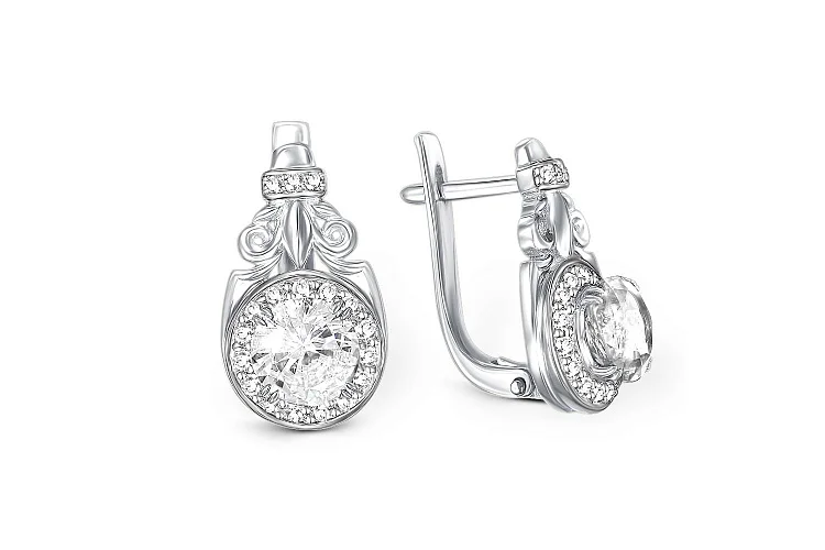 Серьги из белого золота с 2 кристаллами swarovski и 36 фианитами