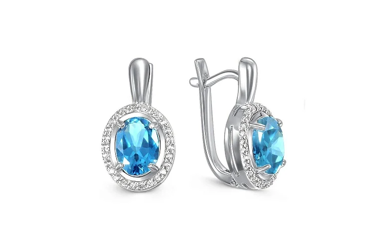 Серьги из белого золота с 2 топазами swiss и 52 фианитами
