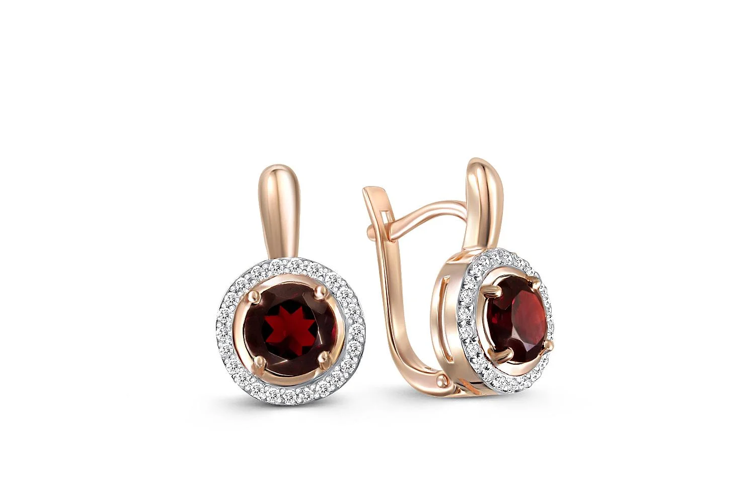 Серьги из красного золота с 2 гранатами и 46 фианитами