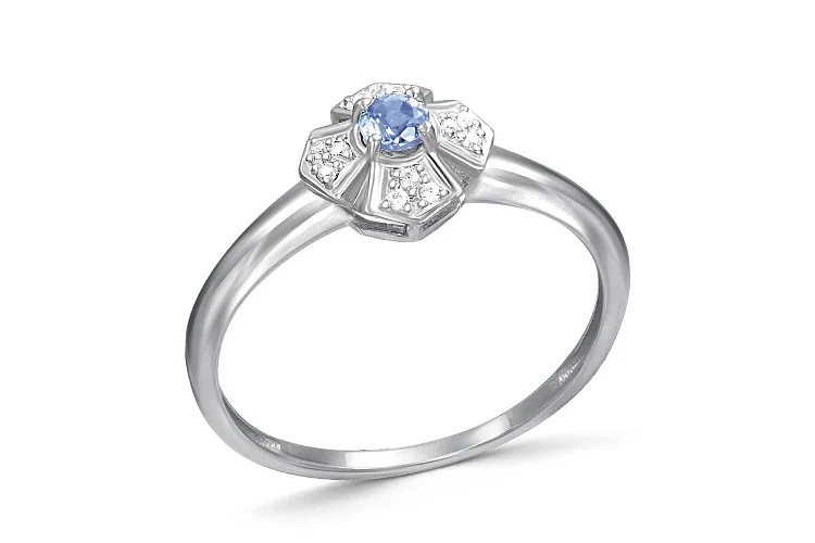 Кольцо Цветок из белого золота с танзанитом и 12 фианитами