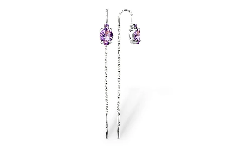 Серьги-продёвки из белого золота с 4 аметистами