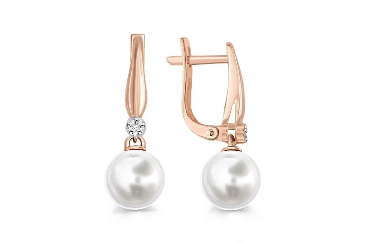 Серьги из красного золота с 2 жемчужинами и 12 бриллиантами