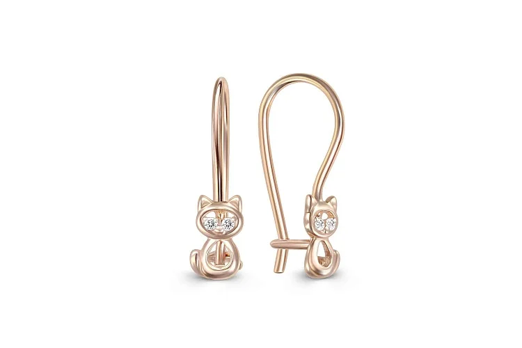 Детские серьги Кошки из красного золота с 4 фианитами