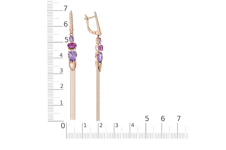 Серьги из красного золота с 4 аметистами и 2 родолитами