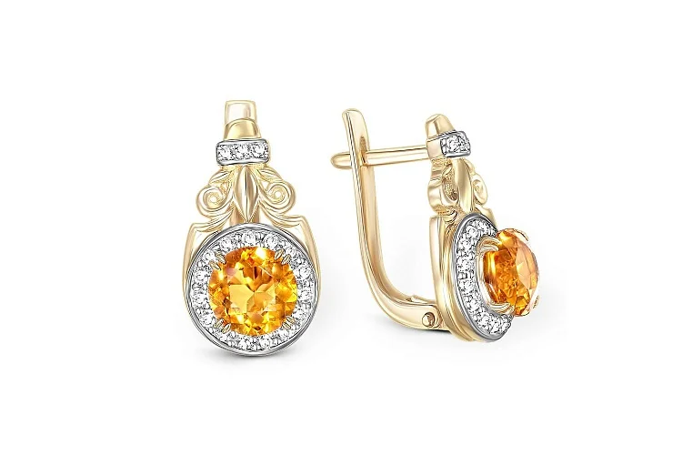 Серьги из жёлтого золота с 2 цитринами и 36 фианитами