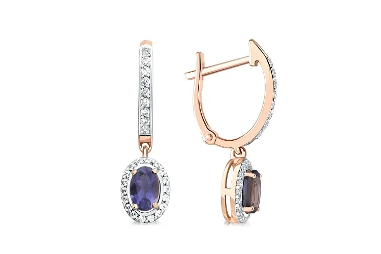 Серьги из красного золота с 2 иолитами и 54 фианитами